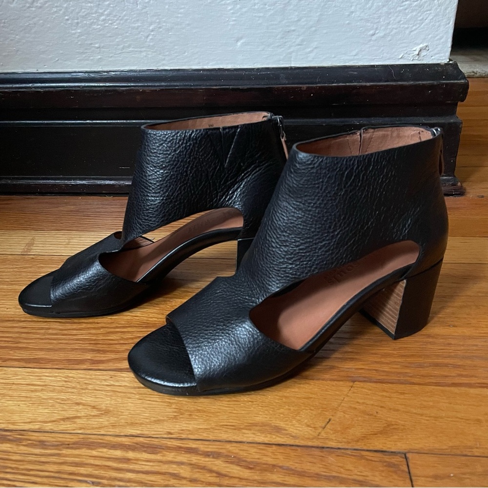 gentle souls Black Leather Peep-Toe Block Heel Booties with Cutout Vamp
